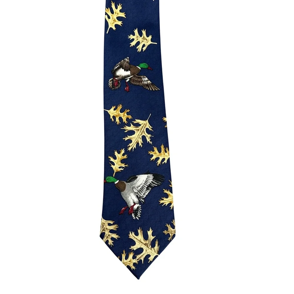 Vintage Field Wear Tie Navy Leaf Mallard‎ Ducks Outdoors Novelty Hunter